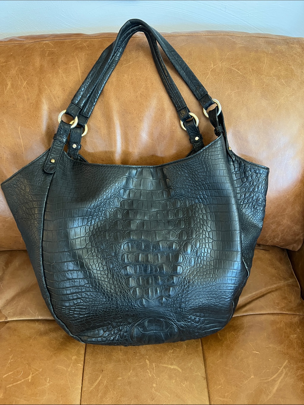 Brahmin Black Croc-Embossed Leather Tote Bag